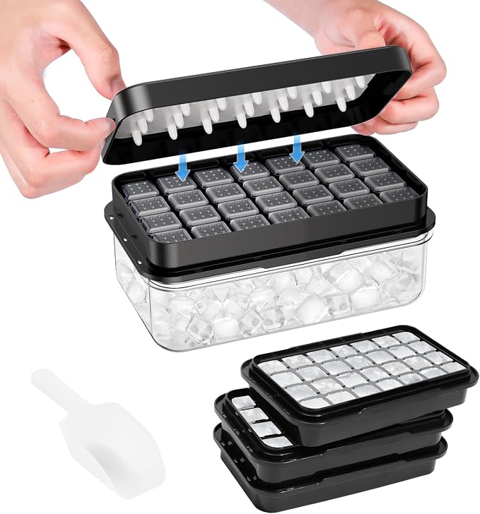 Ice Cube Tray with Lid and Bin, Easy Release 84 Cubes for Freezer | Food-grade BPA-free PP and ABS. Ice cubes for fruit, cocktails, iced coffee. Space-saving stackable with scoop