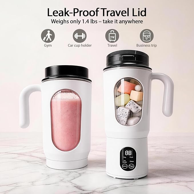 Personal Blender for Smoothies, 580ML USB-C Rechargeable | Portable Blender Cup, 12-Blade Smoothie Maker with Travel Lid, Handle & LED Display for Gym, Office, Travel and Outdoor