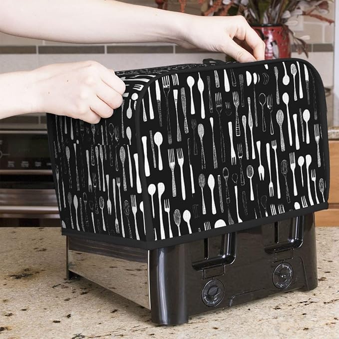 2 Slice Toaster Cover Fork Spoon Pattern Black Dust Proof Washable Kitchen Appliance Cover with Pocket, Oxford Fabric Countertop Toaster Protector for Standard Toasters Small Appliances