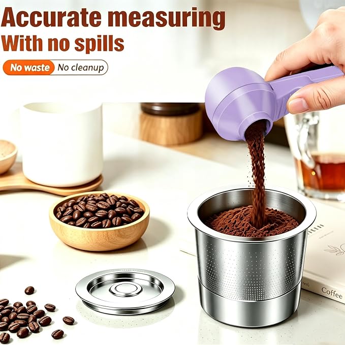 2-in-1 Coffee Scoop with Funnel, 2 Tbsp Measuring Spoon for Reusable K Cups, Ground Coffee, Protein Powder & Tea, Mess-Free Plastic Design（Light Purple-2pack）