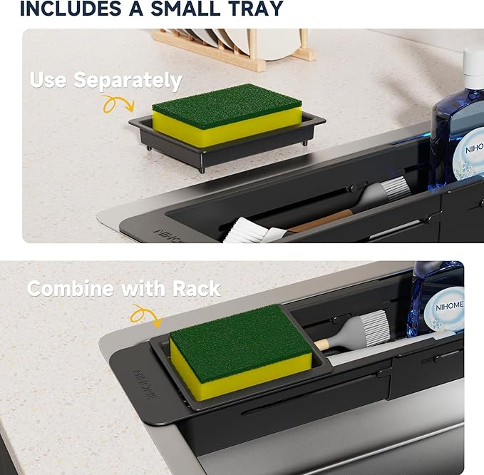 NiHome Extendable Kitchen Sink Caddy, Small Brush Sponge Storage Holder | Expandable Kitchen In Sink Organizer for Brush & Sponge with Drainage, Adjustable Length, Non-Slip Pads, Durable ABS (Black)
