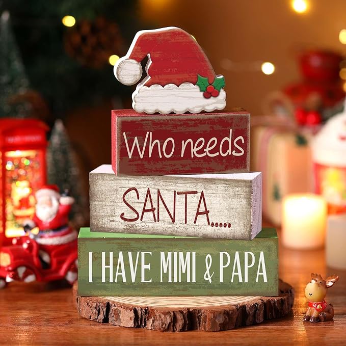 Lineshading 4 Pcs Christmas Wooden Signs Santa Hat Tiered Tray Decor | Farmhouse Style Distressed Wood, For Mantel Shelf Desk Holiday Decor, Grandparents Mimi Papa Themed Christmas Gift