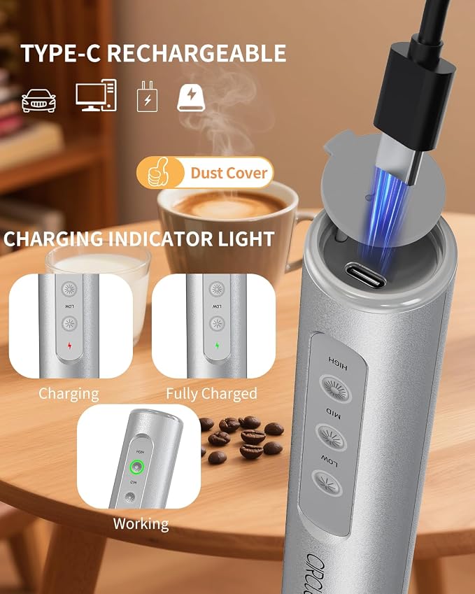 CIRCLE JOY Rechargeable Handheld Milk Frother Wand with 3 Variable Speeds, 3 Whisks and Storage Box, Electric Drink Mixer for Latte, Cappuccino, Hot Chocolate, Eggs and Protein Powder, Silver