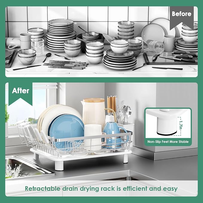 MOUKABAL Stainless Steel Dish Drying Rack for Kitchen Counter, White Silver | 13×17 Large Capacity/Drainboard with Rotating Spout/Removable Cup & Utensil Holders/Fast Drainage/Countertop Dish Drainer