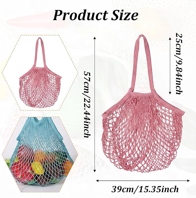 Mabor 2 Pcs Mesh Tote Bag, Reusable Foldable Cotton Mesh Grocery Produce Bag for Shopping, Lightweight Net Tote, Blue & Pink
