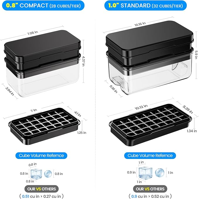 1" Ice Cube Tray with Lid and Bin, Easy Release 64 Cubes for Freezer | Food-grade BPA-free PP and ABS. 1" x 64pcs ice cubes for fruit whiskey, cocktails. Space-saving, stackable with scoop