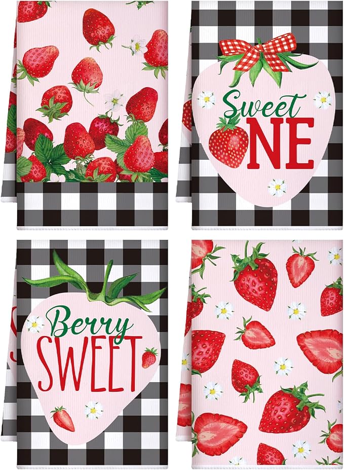 4 Pcs Strawberry Kitchen Towels Berry Hand Dish Towels Gifts | Absorbent Black Red Grid Tea Towel Fast Drying Housewarming Gift for Kitchen Bathroom Holiday Summer Strawberry Party Decor