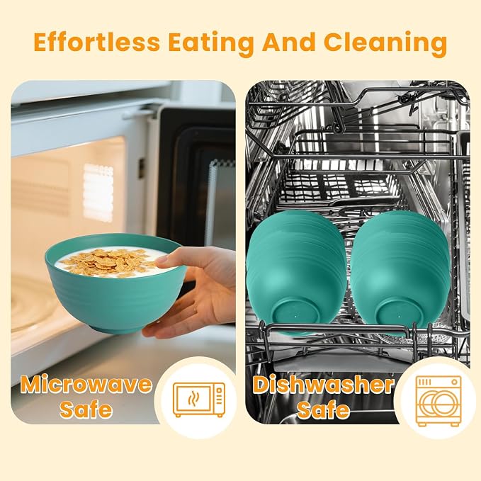Wheat Straw Bowls, Cereal Bowls, Plastic Bowl Alternative, Set of 8, Unbreakable Microwave Safe Bowls for Soup, Salad, Dinner, Cereal, Snack, Dishwasher Safe for Kitchen, Party (Green, 26 OZ)