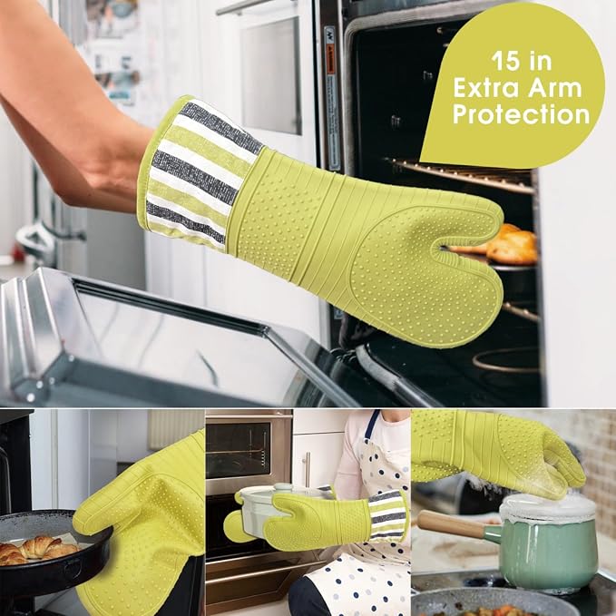 Heat Resistant 550 Degree Oven mitt, Silicone Oven Hot Mitts - 1 Pair, Extra Long Professional Baking Oven Gloves - Food Safe,Pot Holders Cooking,Grilling,Kitchen (Vanilla)