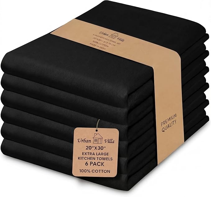Urban Villa Kitchen Towels Cotton Dish Towels 20”x30” (Set of 6) Black