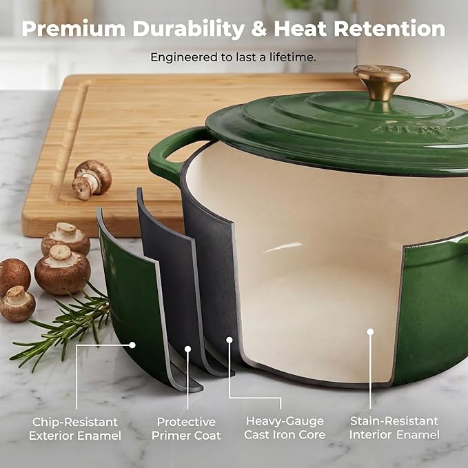 Zulay Kitchen 5 Quart Enameled Cast Iron Dutch Oven Pot with Lid – Premium Durability & Oven Safe up to 500°F – Heavy Duty Cookware Perfect for Bread Baking, Stews, Braising & Roasting – Green