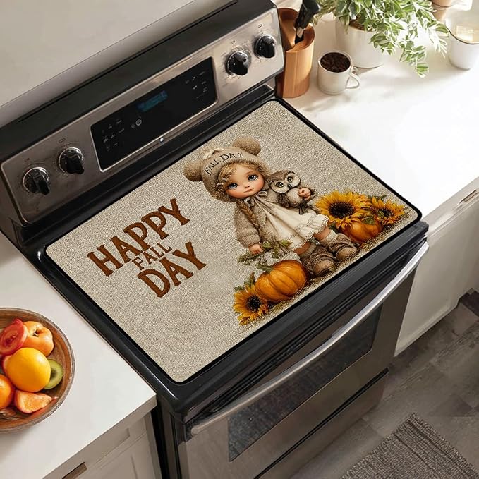 Fall Pumpkin Electric Stove Top Cover, Cute Doll & Owl Heat Resistant Glass Stove Top Cover for Electric Stove – Thanksgiving Day Glass Cooktop Protector Expands Usable Space
