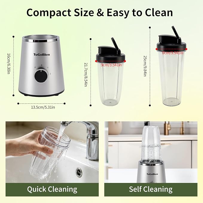 TuGoBlend Mini Blender with 2 Portable Cups (20oz + 13.5oz), 4-Blade Stainless Steel Blade Base, Personal Blender for Smoothies, Shakes, Juices, BPA-Free for Home, Office, Gym & Travel