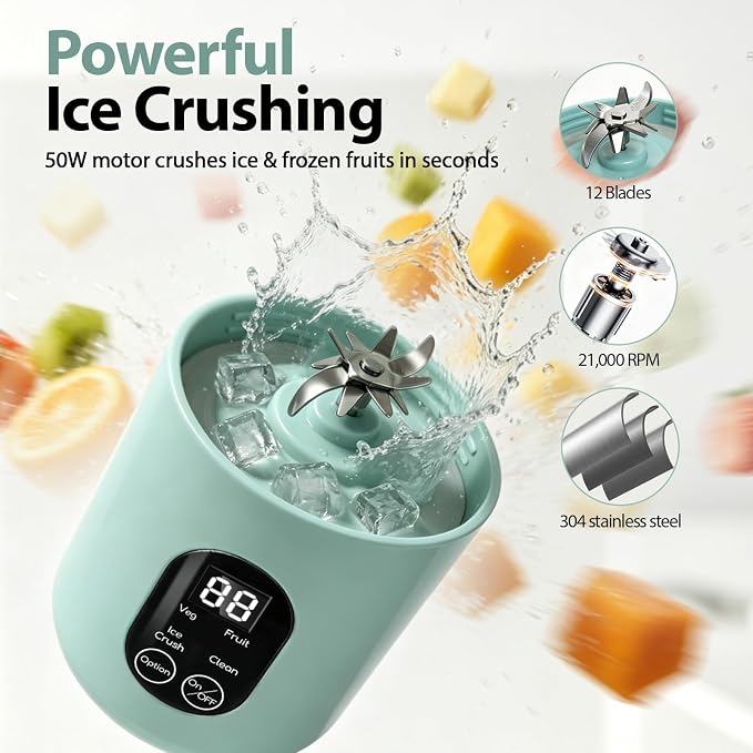 Personal Blender for Smoothies, 580ML USB-C Rechargeable | Portable Blender Cup, 12-Blade Smoothie Maker with Travel Lid, Handle & LED Display for Gym, Office, Travel and Outdoor