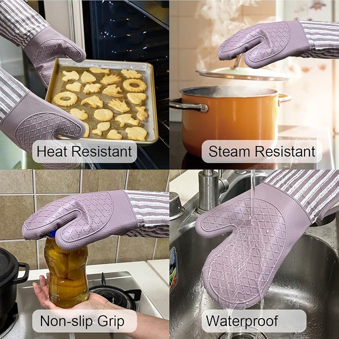Alselo Silicone Oven Mitts Heat Resistant 932℉ with Waterproof & Non-Slip | Kitchen Mittens Set of 2,Extra Long 7.5"x15" Gloves with Soft Cotton Terry Lining for Baking Cooking BBQ(Purple,2)