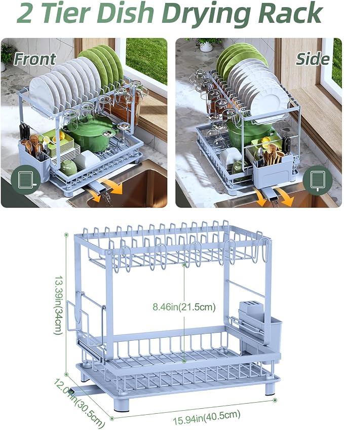 2-Tier Dish Drying Rack for Kitchen Counter, Space-Saving, Blue | Rustproof Carbon Steel, Auto Drain Spout, Space-Saving Dish Rack with Drainboard, Utensil & Cup Holders, Countertop Organizer