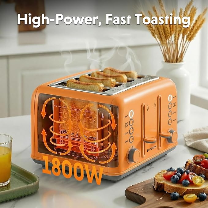 BUYDEEM DT640 4-Slice Toaster, 7 Shade Settings, Extra Wide 1.5’’ Slots for Bagel & English Muffin, 6 Toasting Functions, Retro Stainless Steel Toaster with High Lift Lever, 1800W, Orange