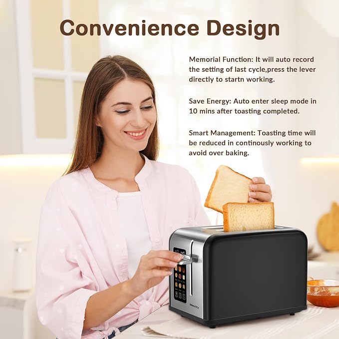 Mecity 2 Slice Touch Screen Toaster, 1.5" Wide Slot, Stainless Steel Smart Toaster for Bagels, Muffins, Waffles, Gluten-Free Breads, Defrost, Reheat, Timer, 120V 825W, Matt Black
