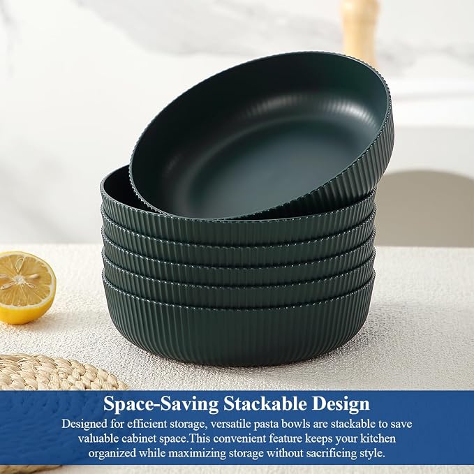 HOMQUEN Pasta Bowls Set of 6, 37oz Salad Bowls Green Soup Bowls, Large Pasta Serving Bowls, Unbreakable Plastic Dinner Bowls, Dinnerware Sets,Valentines Day Gift, Dishwasher Safe (Green)