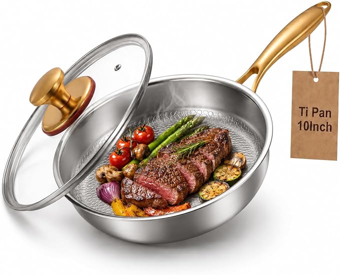 Titanium Pans for Cooking | 10" Pure Titanium Hammered Pro frying au gratin pan with Lid | Non-Toxic Skillet | PFAS/PFOA/PTFE Free Cookware | Dishwasher&Oven Safe