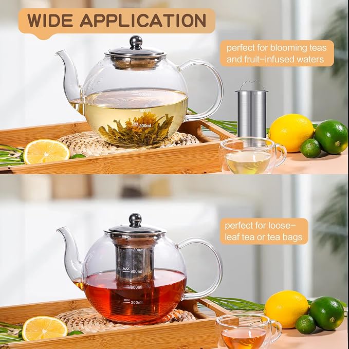 Glass Teapot, Zpose 40oz/1200ml Tea Pot with Removable Stainless Steel Infuser, Clear Glass Tea Kettle with Scale Line, Stovetop Safe Teapot for Blooming Tea & Loose Leaf Tea, Gift Box for Tea Maker