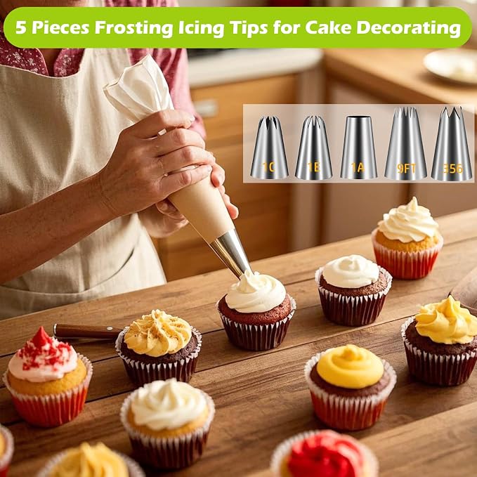 Suuker Large Piping Tips Set, 5 Cake Decorating Tips, 1A 1E 1C 9FT 356 | 5 Large Icing Tips In Round, Open Star, Closed Star, French Star and Drop Flower Shapes for Cakes, Cupcakes and Cookies