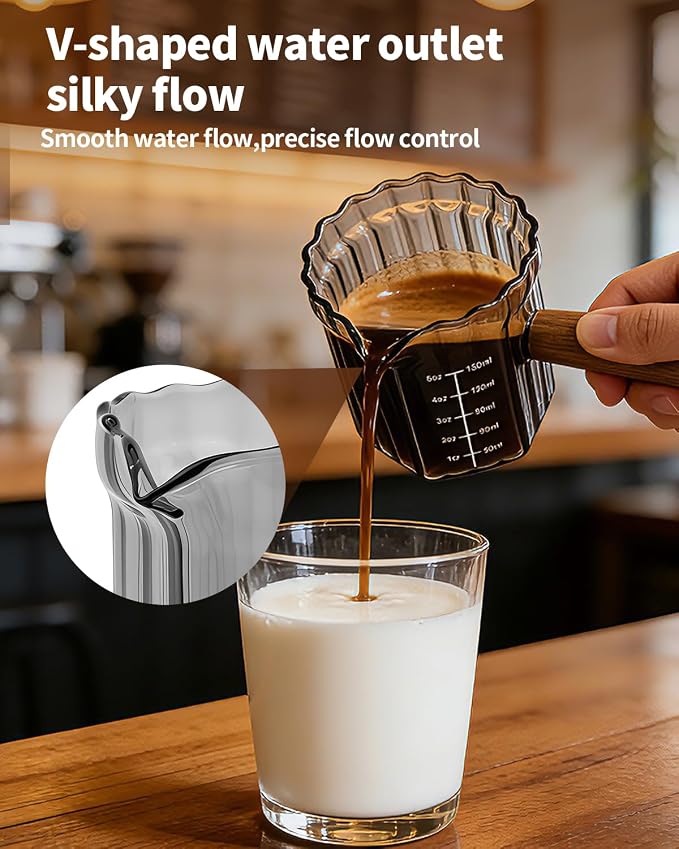 Espresso Measuring Cup 5 Oz, Espresso Glass Cups with Wood Handle, Milk Frothing Cup, Espresso Cup for Coffee, Milk, Tea or Maple Syrup Serving (Gray, 5 oz)