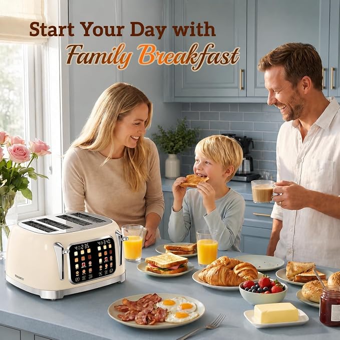 RONGBEST Retro 4 Slice Touch Screen Toaster with Stainless Steel Wide Slot, Reheat & Defrost Bagel for Family Breakfast Bread, 6 Browning Levels, Removable Crumb Tray, Cream Color