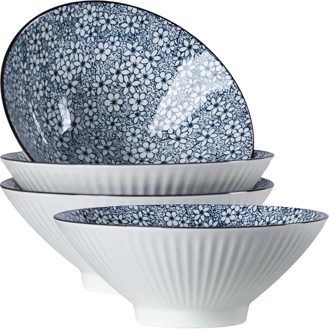 38 oz Japanese Ramen Bowls Set of 4, Large Pho Bowls, 8 Inch Ceramic Blue and White Soup Bowls, Floral Pattern