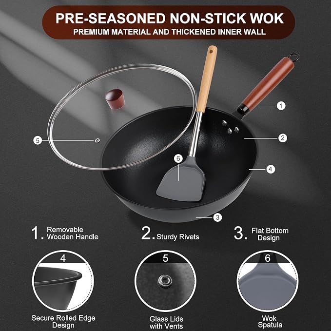 Wok, 13" Carbon Steel Woks & Stir-Fry Pans Nonstick with Glass Lid | Pre-Seasoned Flat Bottom Chinese Wok for Electric, Induction, Gas, All Stoves