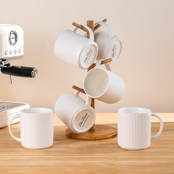 theterra Ceramic Coffee Mugs Set of 4, 14.2 oz Coffee Cups with Handle | Handmade, Suitable for Latte, Tea, Milk, Beer & Hot Cocoa, Bright White