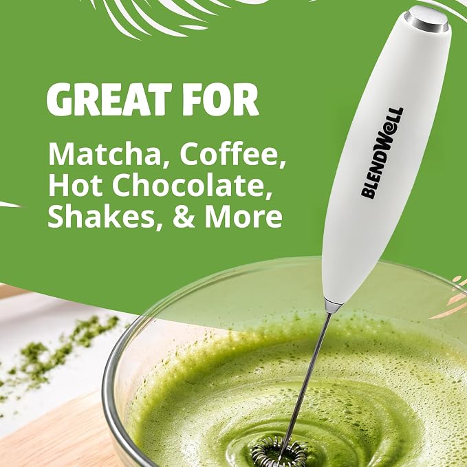 BlendWell Electric Milk Frother for Matcha and Coffee, Handheld Battery Operated Drink Mixer with Stand, Stainless Steel Whisk, White