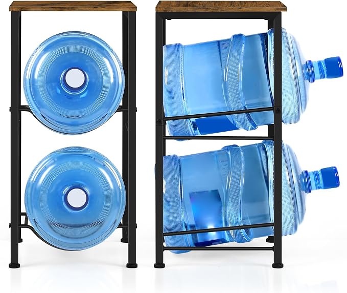 5 Gallon Water Jug Holder with Top Shelf, 2 Tier Water Dispenser Rack Stand 5 Gallon Water Bottle Storage Organizer for Kitchen, Home Office, Living Room, Rustic Brown