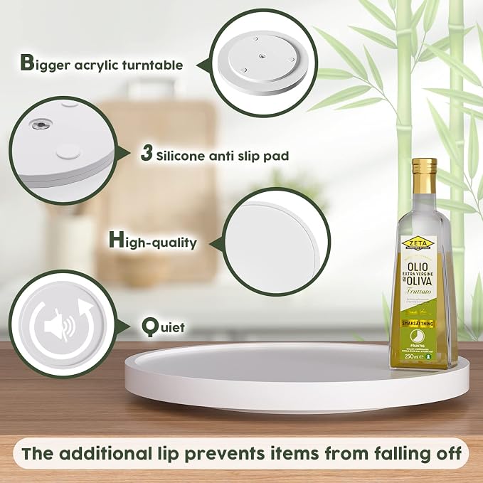 White Lazy Susan for Table, 12 Inch Non-Skid Bamboo Turntable Organizer | Salt Pepper Spices and Olive Oil Next to Stove, Wooden Lazy Susan Organizer for Kitchen Countertop Organizer