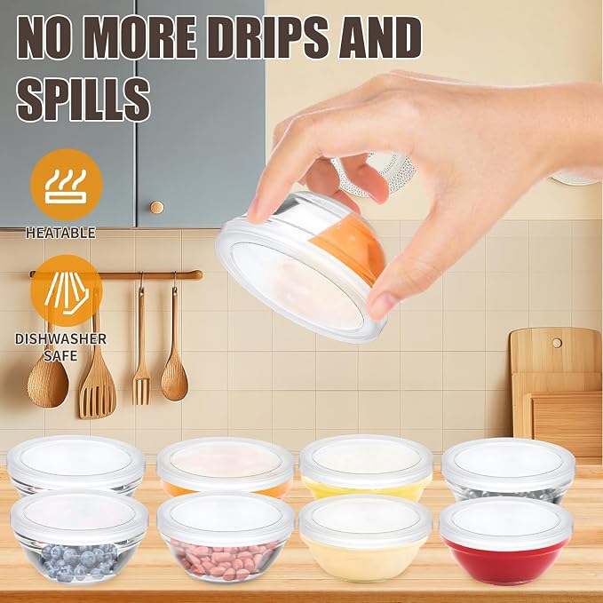 6 Pack Mini 3 Inch Small Glass Bowls with 12 Pack Lids | 2.5 oz Clear Glass Pinch Bowls, Condiment Containers, for Dips, spices, jams, Meal Prep Bowls