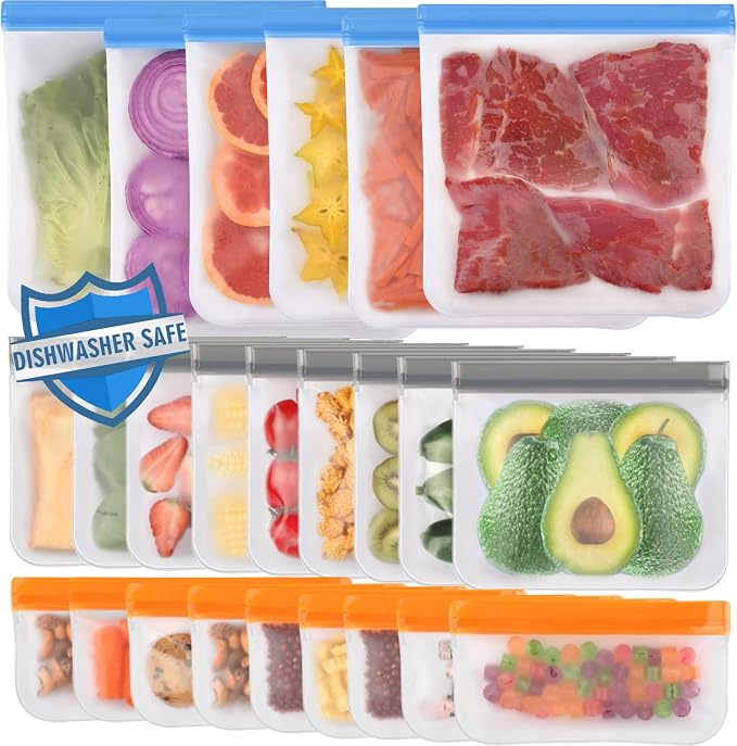 Lerine 24 Pack Reusable Freezer Bags Dishwasher Safe, Food Storage Bags | BPA-Free, Food-Grade Material, Leakproof, Extra Thick, Double-Seal, for Marinating Meats, Lunch, Sandwich, Snack, Travel