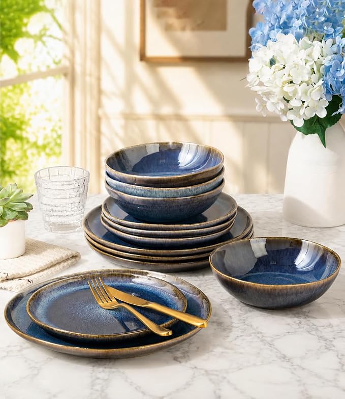AmorArc Ceramic Dinnerware Sets for 4, 12Pcs Plates and Bowls Sets Dishes | Stoneware Handmade Reactive Glaze Dinner Set, Highly Scratch Resistant | Dishwasher & Microwave Safe Dishware