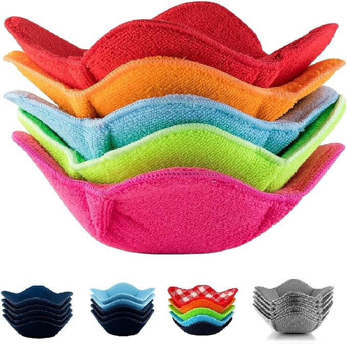 Bowl Snuggies, Multicolor Set of 5 Microwave-Safe Hot Bowl Holders to Keep Your Hands Cool and Your Food Warm, Polyester & Sponge Heat Resistant Dish Pads for Soup, Rice and Pasta