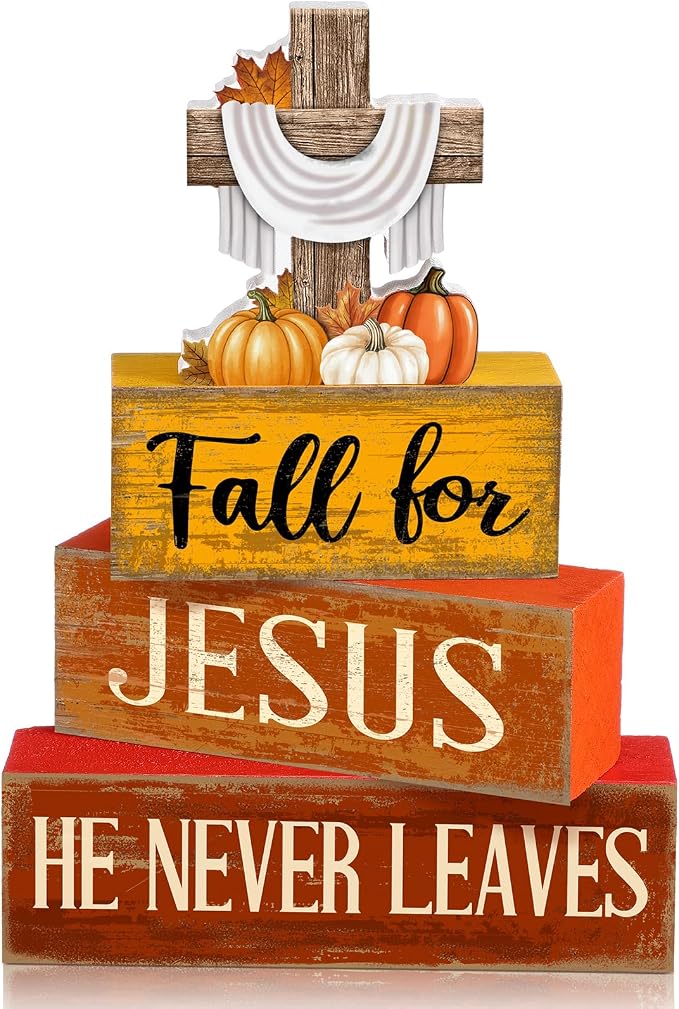 Lineshading 4 Pcs Fall Decoration For Home Fall Religious Wooden Signs | Religious Cross with Pumpkins, Rustic Block Signs for Home, Faith-based Autumn Centerpiece, Thanksgiving Gift, Stackable
