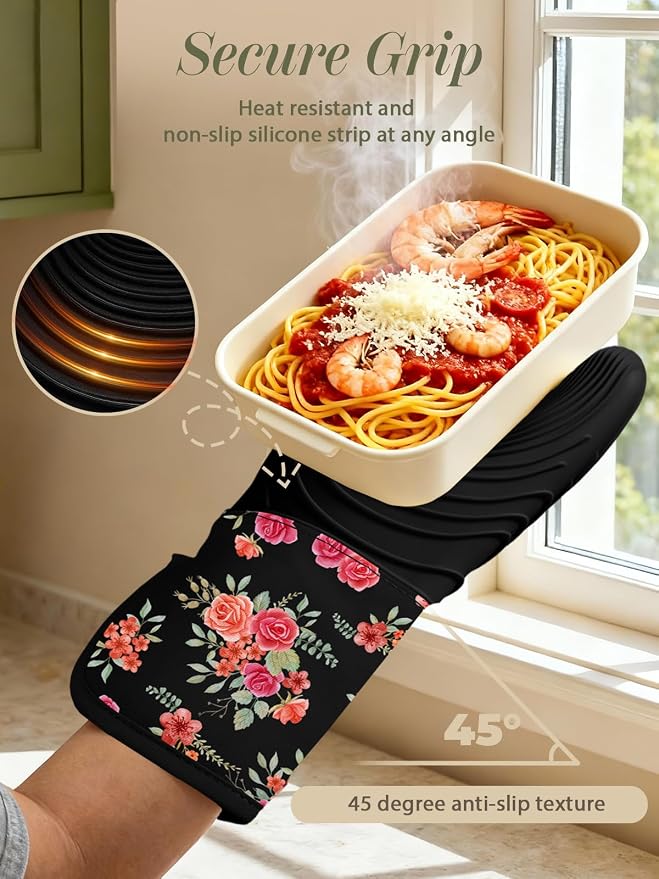 Slohif Long Silicone Oven Mitts Heat Resistant for Women - 2 Pcs Rose 100% Cotton Oven Gloves, Non-Slip and Waterproof Silicone Oven Mitts with Hanger for Baking and Cooking