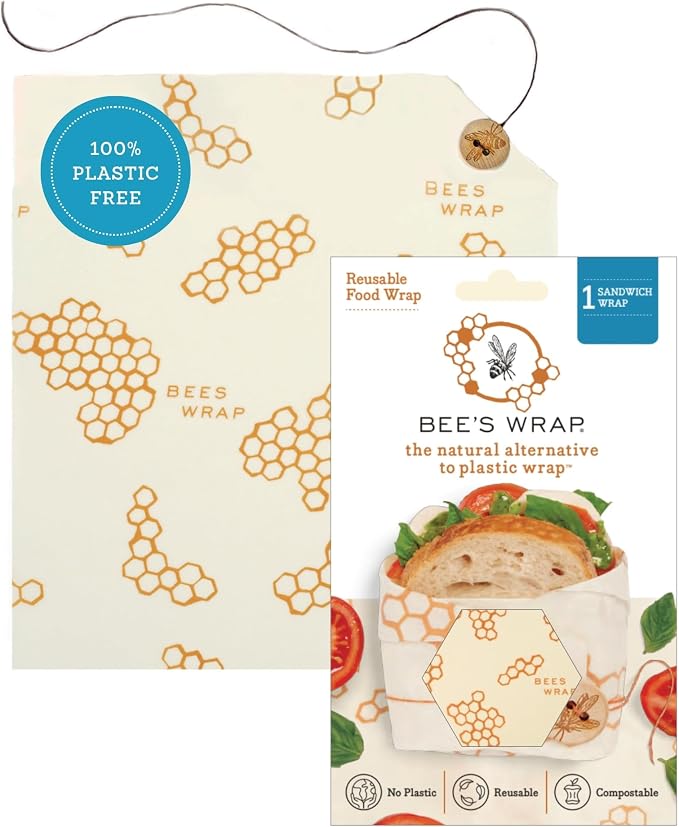 Bee's Wrap Beeswax Sandwich Wrap - Honeycomb | Button & Tie Closure - Plastic Free - Organic Beeswax Wraps - Reusable Lunch Wrap - Sandwiches & Snacks - Made in USA