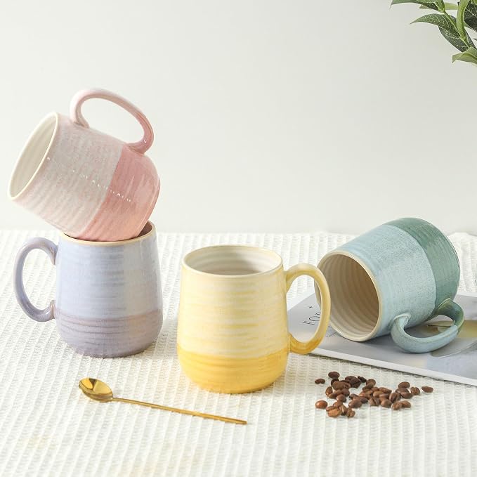 HASENSE Coffee Mugs Set of 4, 15 oz Large Ceramic Cups with Handle for Women Men, Milk, Soup, Tea Cup Set for Latte,Cappuccino, Microwave & Dishwasher Safe for Home Office（Colorful）