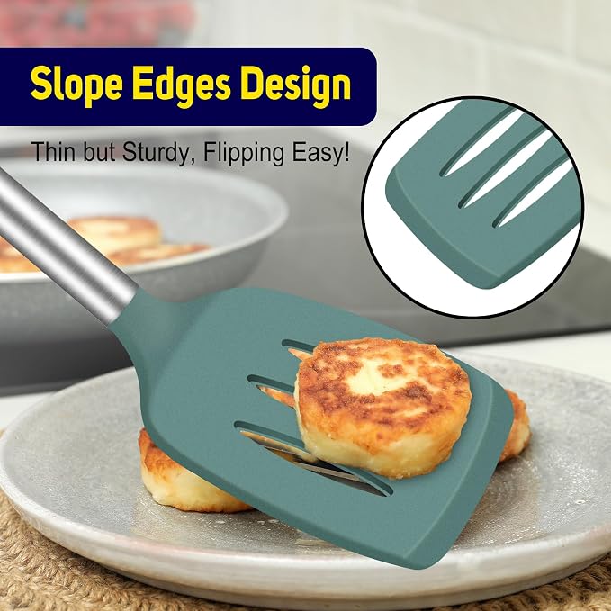 HOTEC Silicone Spatula Set of 2 Heat-Resistant 600F & BPA-Free Kitchen Spatula Turner with Stainless Steel Handles, Slotted & Solid Spatulas for Nonstick Cookware, 13.7 Inch, Sage Green
