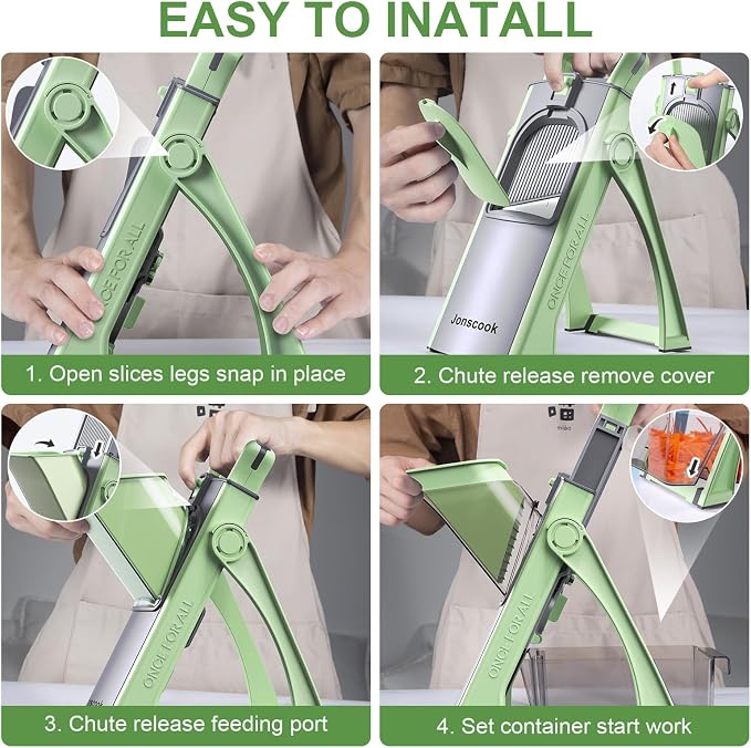 All-in-1 Safe Mandoline Slicer for Kitchen, Food Chopper with Container | 0.1-8mm Thickness Vegetable Chopper, Safe Mandoline Slicer, Potato French Fry Cutter Tomato Apple Slicer Onion (Green)