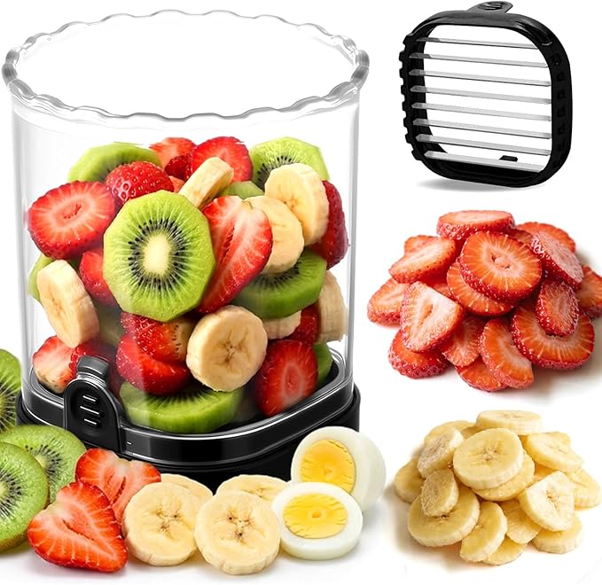 Hendiy Strawberry Slicer, Black, 1-Pack | Stainless Steel Blades, Egg & Fruit Slicer Cup, For Banana, Cucumber, Mushroom, ABS Detachable, Precision Berry Cutter Tool