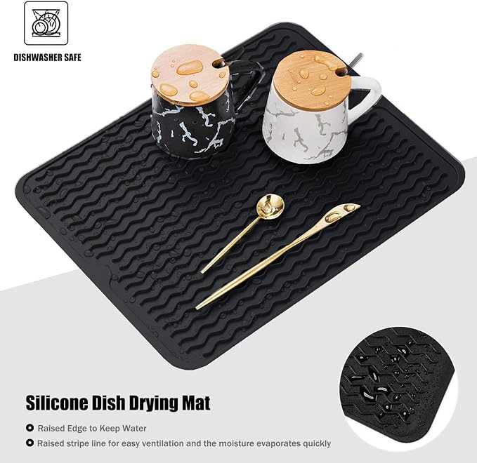 Silicone Dish Drying Mat, Non-Slip Easy Clean Sink Mat, Black, 16" x 12" | Quick-Dry Ridges, Large Heat-resistant Dish Drainer Mat for Kitchen Counter, Hangable & Roll-Up for Storage, Dishwasher Safe