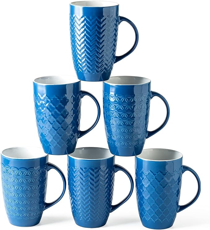 AmorArc 20 oz Large Coffee Mugs Set of 6, Blue Ceramic Tall Coffee Cups | 3 Assorted Designs, Embossed Ceramic Coffee Mugs with Large Handle for Coffee/Tea/Cappuccino, Dishwasher&Microwave Safe