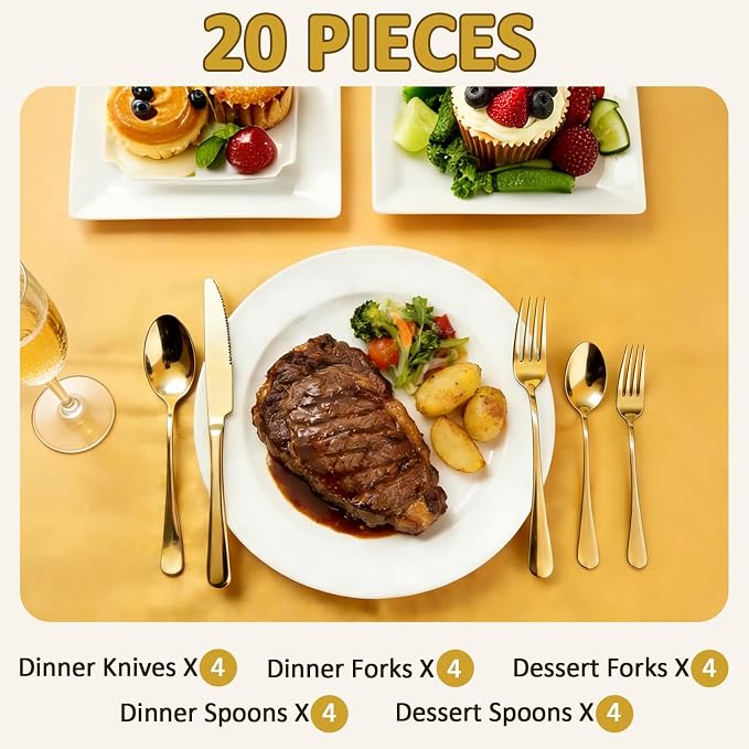 20 Piece Silverware Set, Kitchen Utensils Set for Restaurant & Home, Stainless Steel Cutlery Set, Flatware Set include Forks, Knives, Spoons, Household Essentials for New Home, Gold
