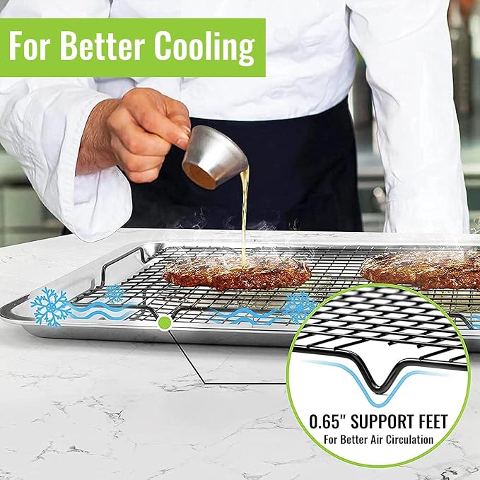 HULISEN Cooling Rack 2-Pack, 16 x 10 Inch Nonstick Baking Rack with Handles | Fits Half Sheet Pan, Oven Safe 500°F, Easy Lift Design for Cookies, Cakes & Baked, Cookie Cooling, Baking, Cooking, Grilling