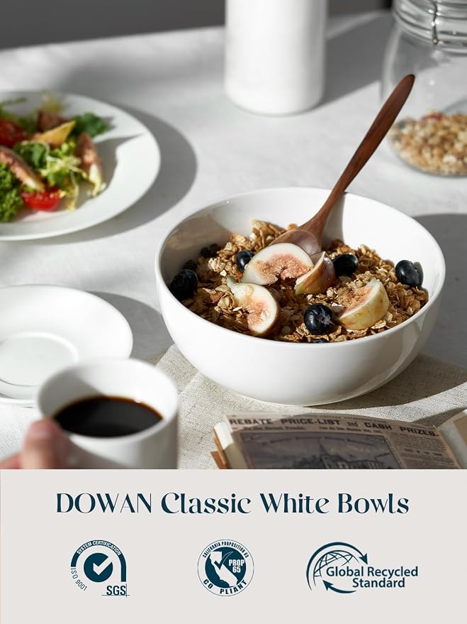 DOWAN 39 OZ Soup Bowls Set of 4 - Large Cereal Bowls, White Ceramic Big and Deep Ramen Bowls for Noodle, Pasta, Salad, Mixed Fruit - Dishwasher & Microwave Safe